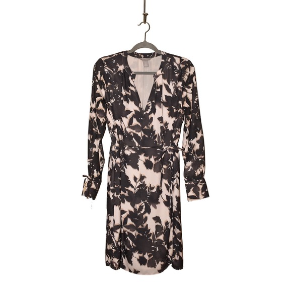 H&M‎ $35 Leaf Print Long Sleeve Tie Waist Dress Black Ivory Medium - Picture 1 of 4